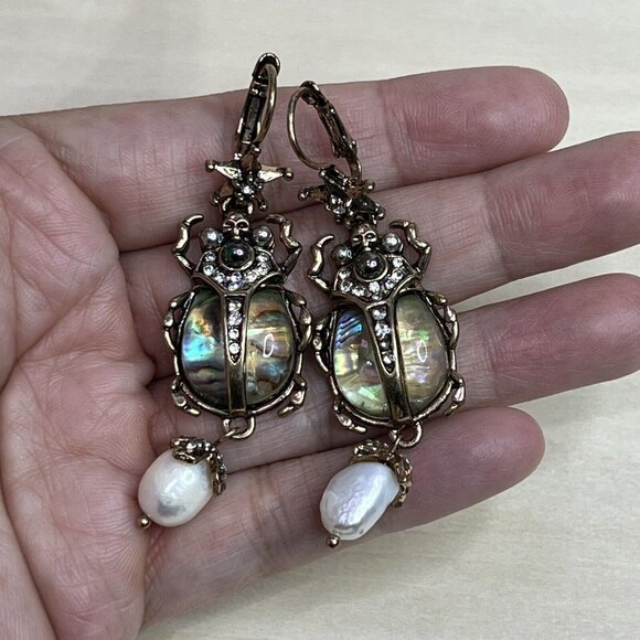 Scarab Beetle Earrings - Abalone Large Statement Jewelry Rhinestone Faux Pearl - Picture 5 of 8